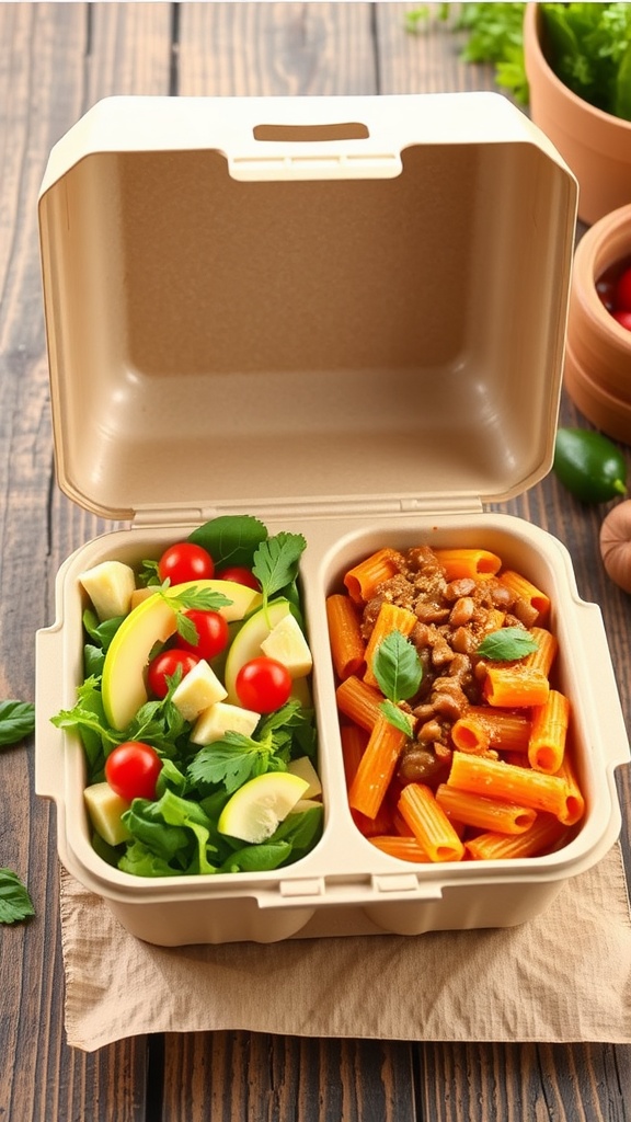 A biodegradable bagasse clamshell containing a salad and pasta dish, placed on a rustic wooden table.